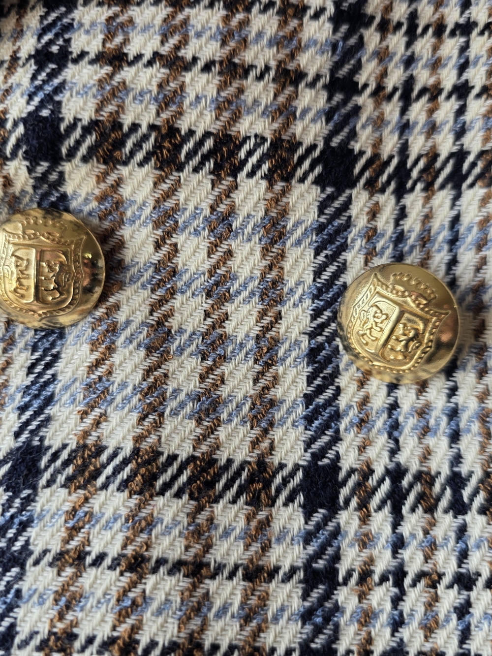 Talbots Plaid Double-Breasted Blazer in Cream, Navy & Brown Size 14 Vintage Y2K - Picture 9 of 9
